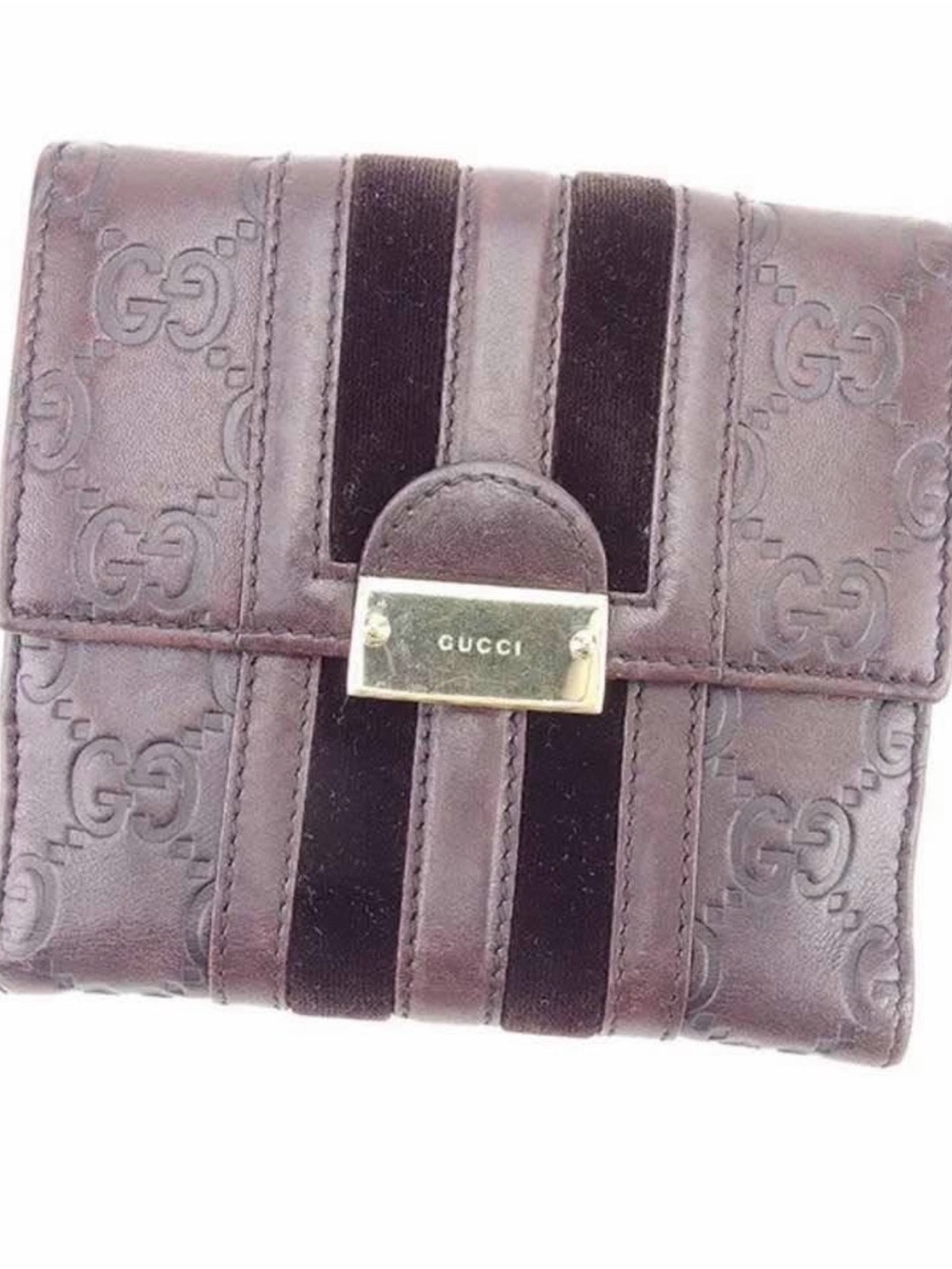 Gucci Brown Embossed GG Compact Wallet with Velvet Stripes